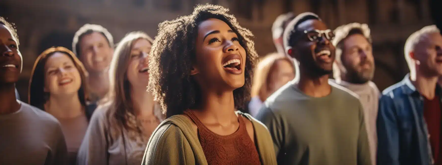 a group of diverse individuals standing together, singing passionately in a community choir, radiating joy and forming deep connections.