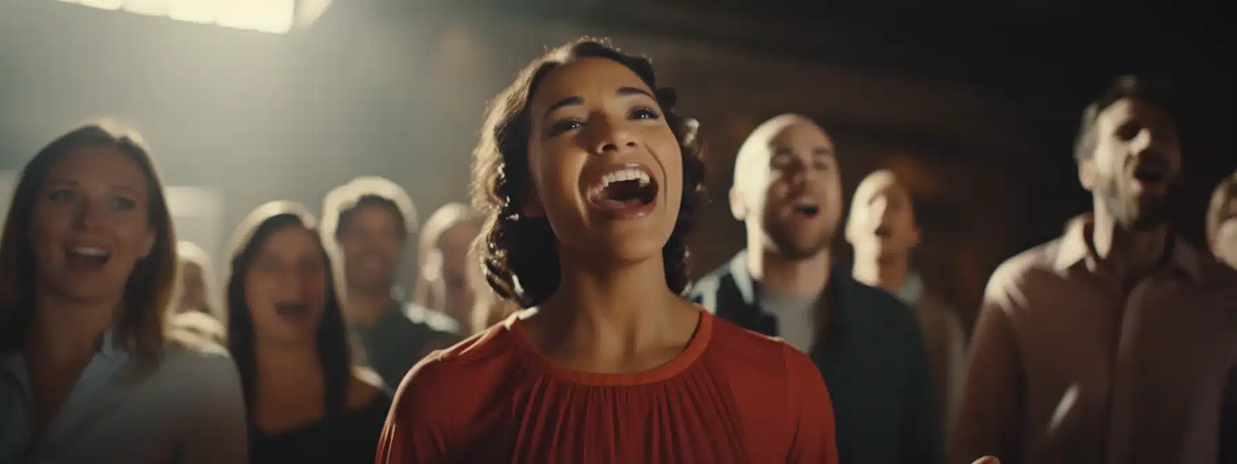 a group of individuals standing in a choir formation, singing together with joyful expressions on their faces.