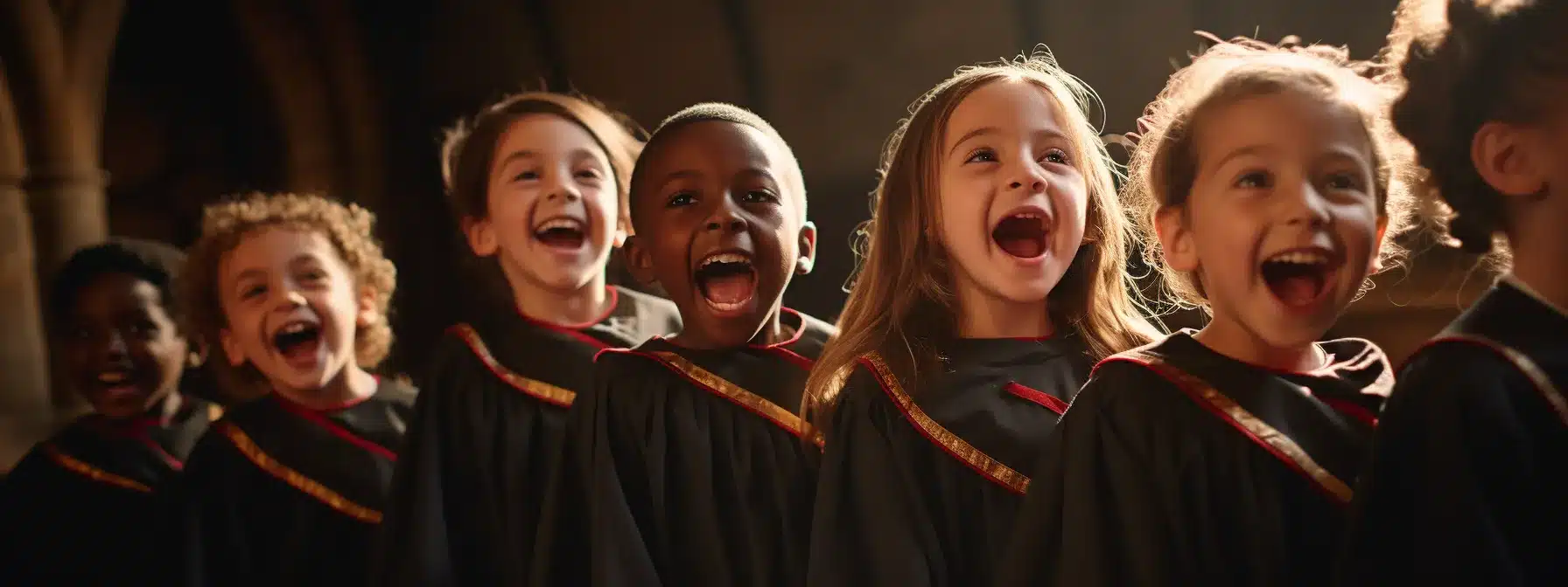 a group of choristers standing together, singing in harmony with joyous expressions on their faces.