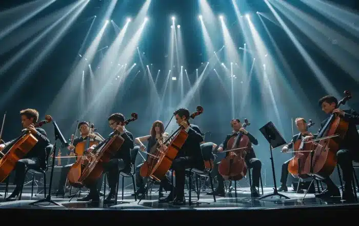 a group of musicians playing instruments on a stage, representing the history of orchestras from their origins to modern day