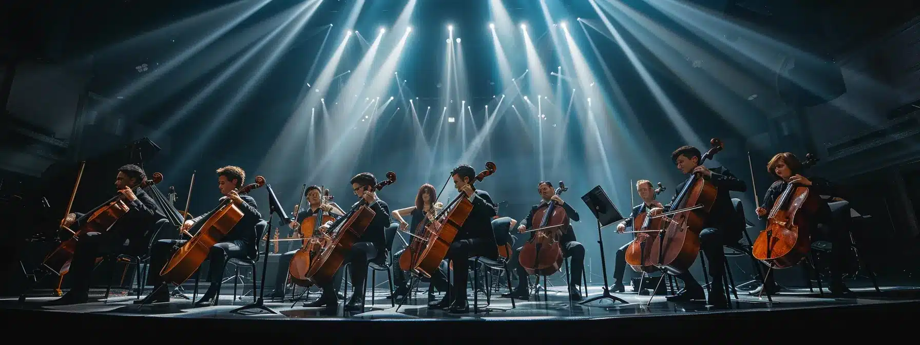 a group of musicians playing instruments on a stage, representing the history of orchestras from their origins to modern day